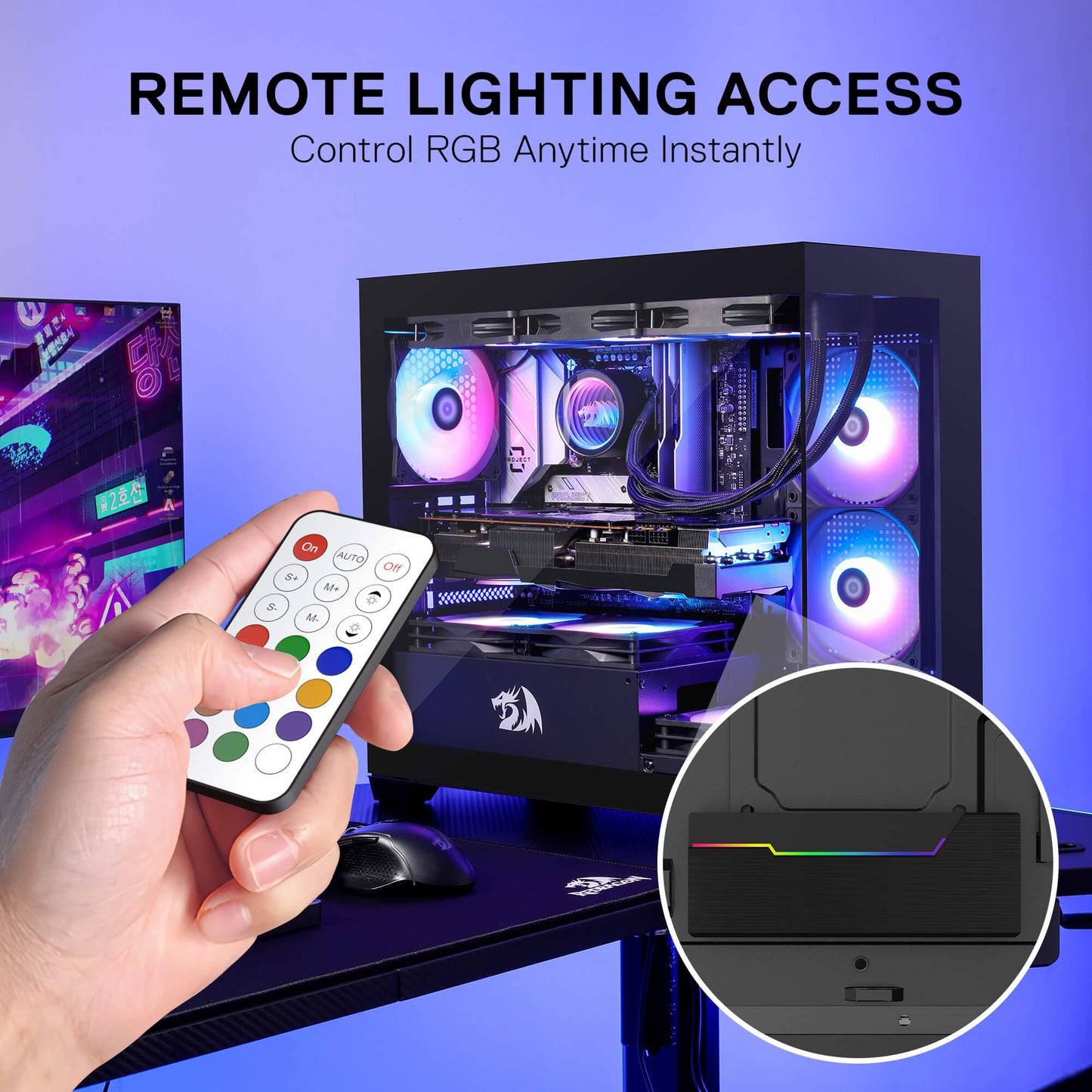 Computer case with RGB lighting controlled by a remote