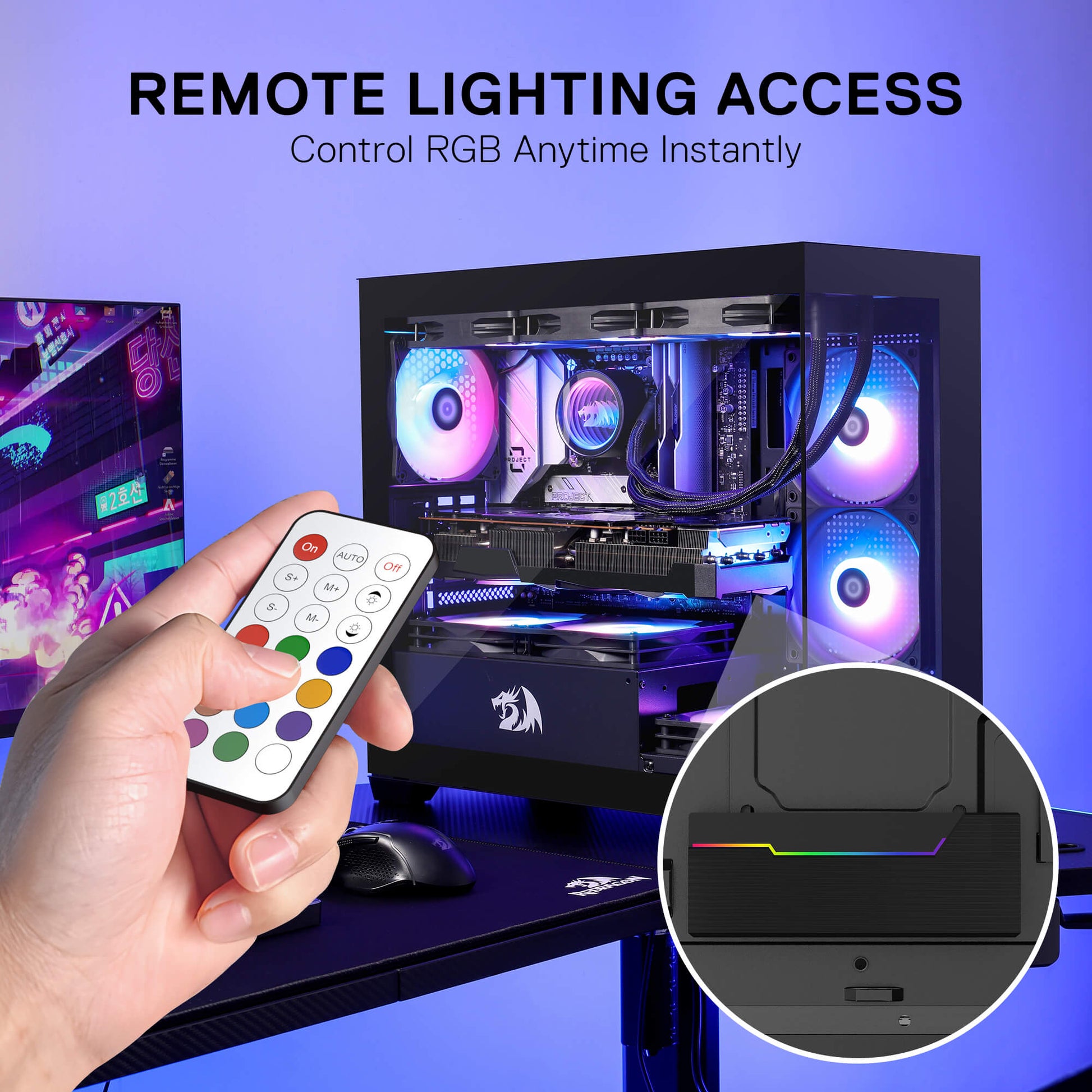 Computer case with RGB lighting controlled by a remote