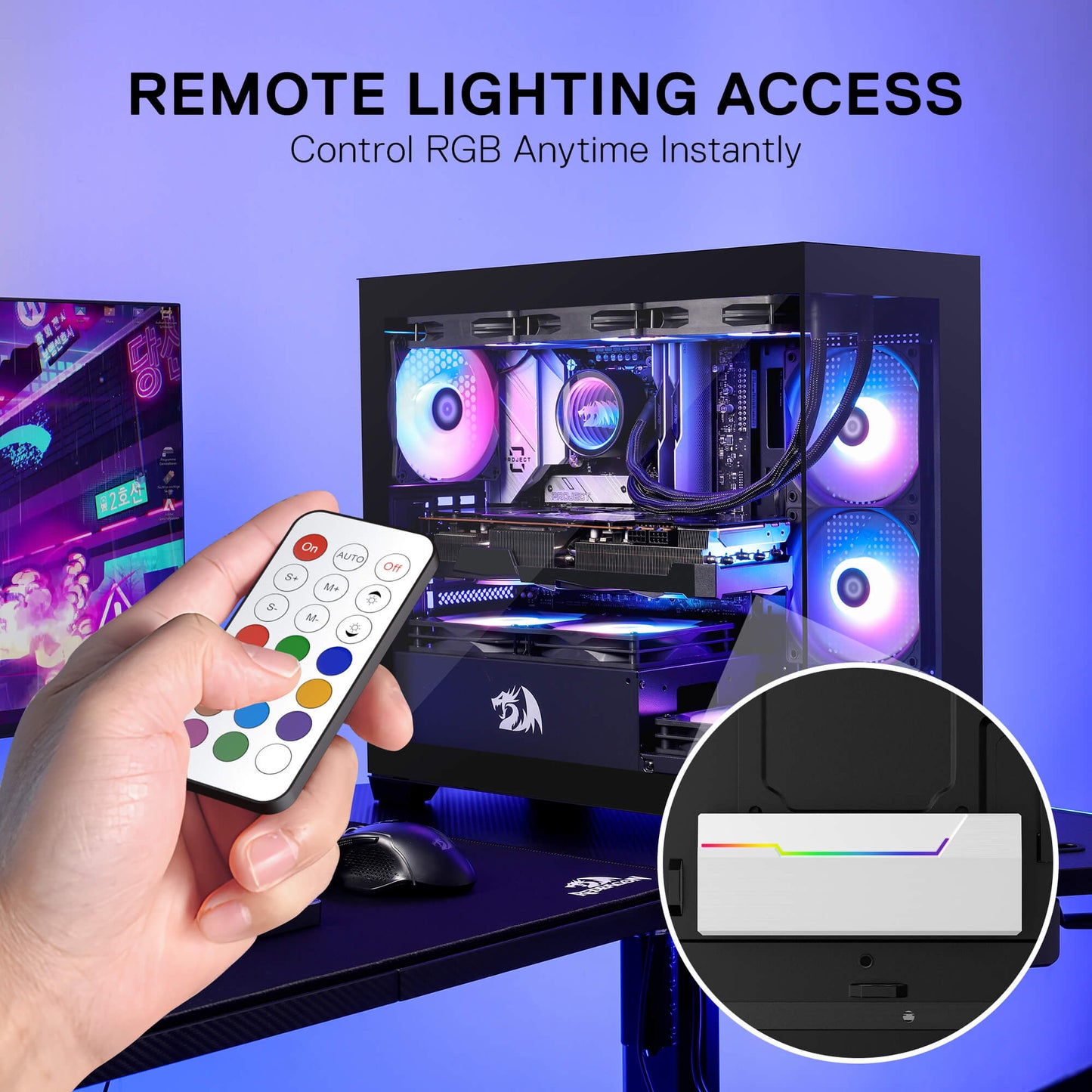 Gaming PC with RGB lighting controlled by a remote, emphasizing remote lighting access feature.