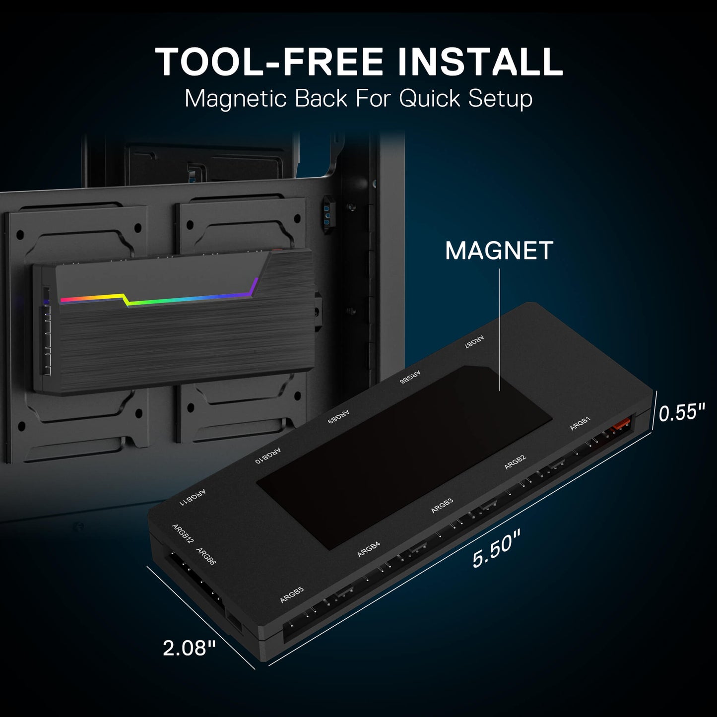 Computer hardware component with magnetic back for quick setup on a dark background