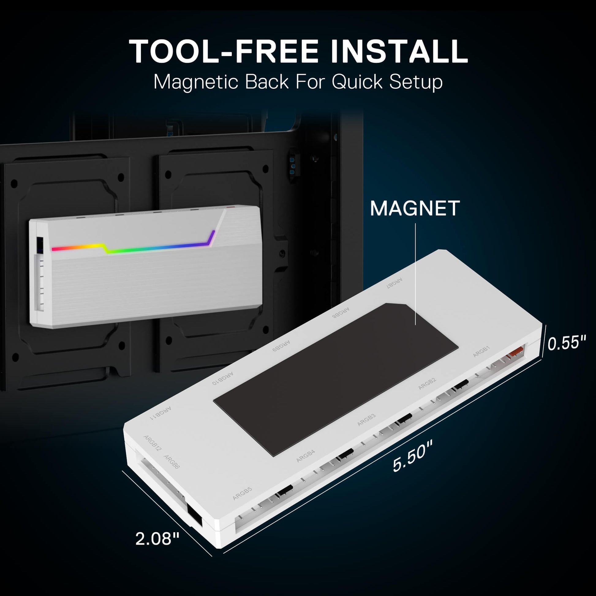 White electronic device with a magnet on a dark background, labeled 'Tool-Free Install' and 'Magnetic Back For Quick Setup'.