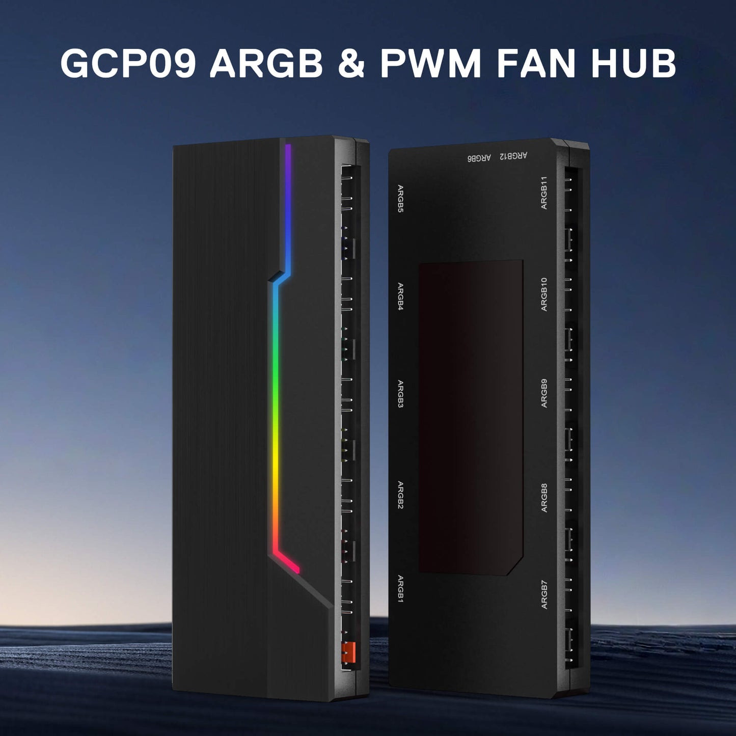 Redragon GCP09 ARGB & PWM FAN HUB with rainbow LED on a blue gradient background