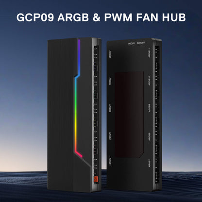 Redragon GCP09 ARGB & PWM FAN HUB with rainbow LED on a blue gradient background