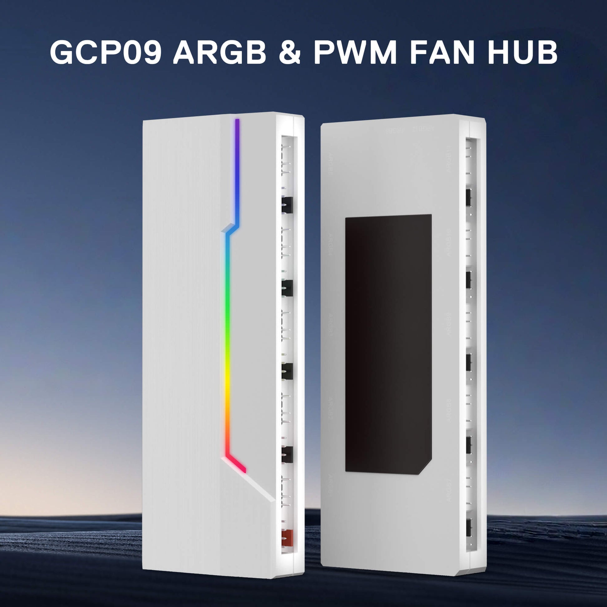 Two white fan hubs with ARGB and PWM features on a blue gradient background