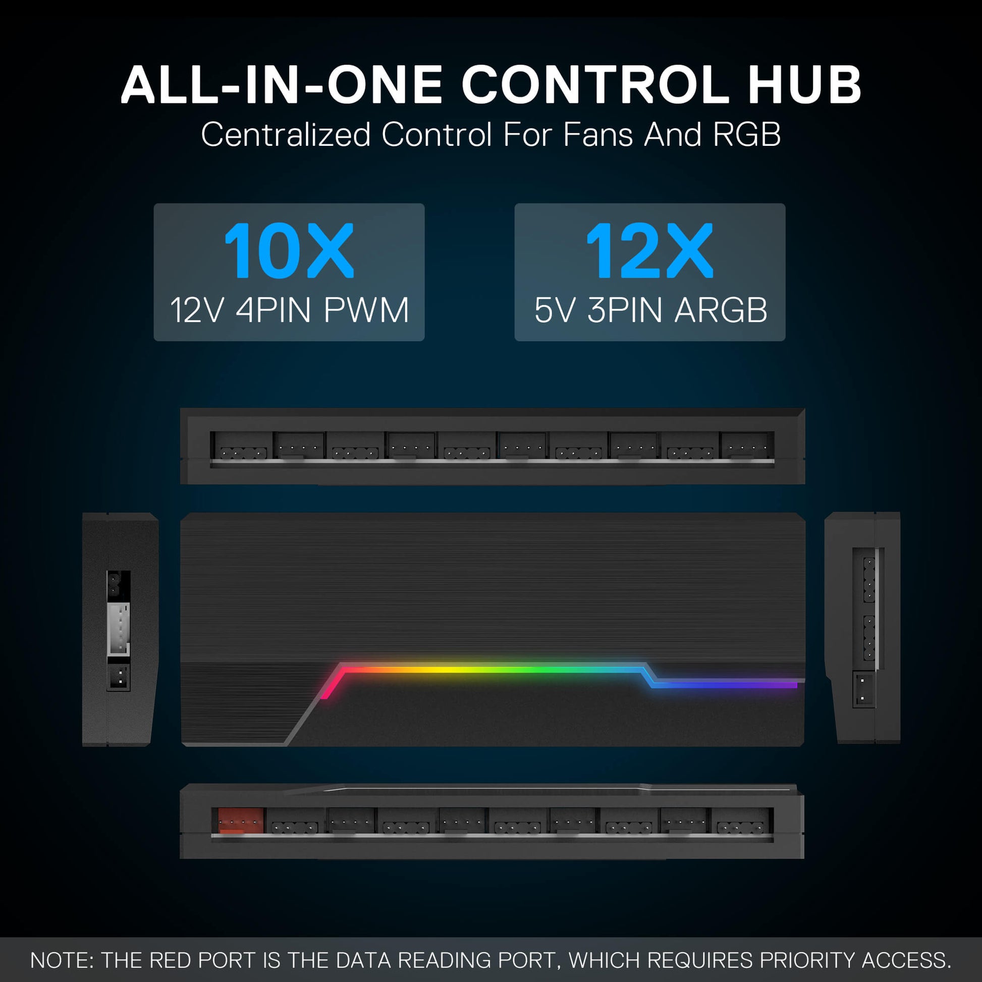 All-in-one control hub for fans and RGB lighting with specifications on a dark background