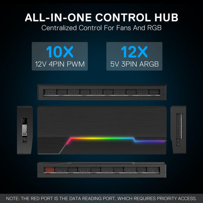 All-in-one control hub for fans and RGB lighting with specifications on a dark background