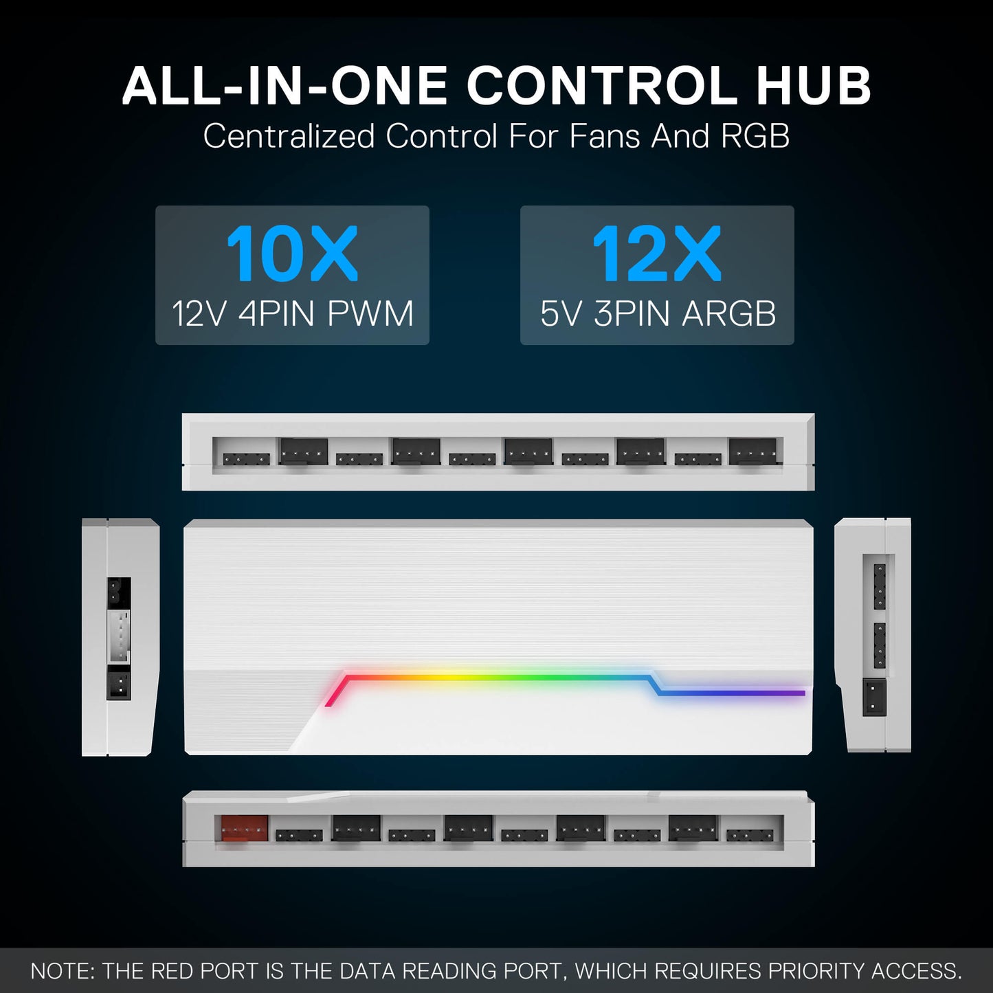 All-in-one control hub for fans and RGB lighting with specifications on a dark background