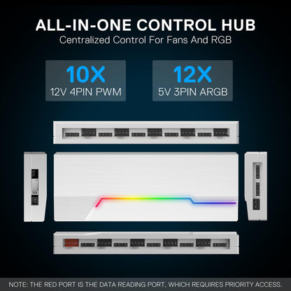 All-in-one control hub for fans and RGB lighting with specifications on a dark background