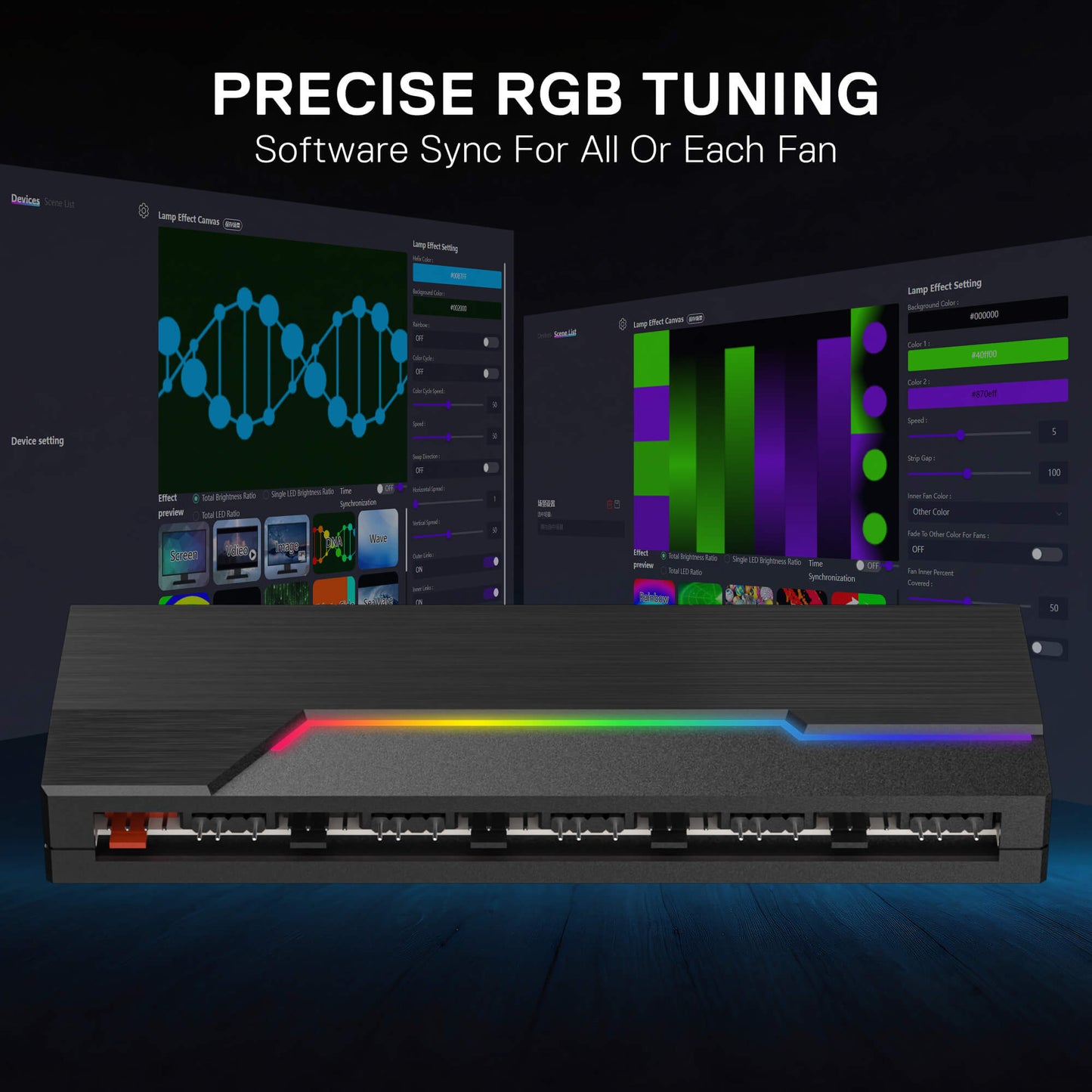 RGB lighting control panel with software interface on a dark background