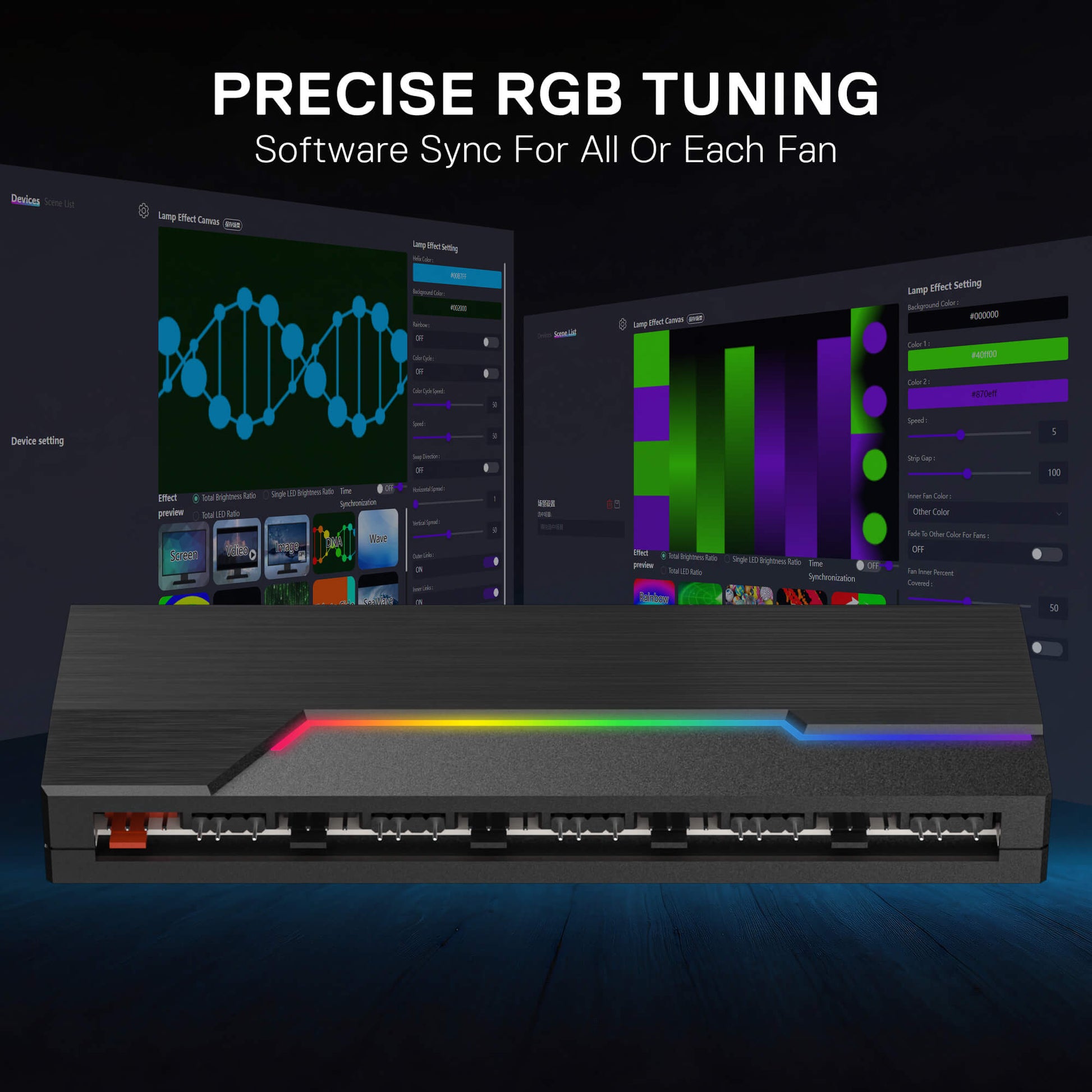 RGB lighting control panel with software interface on a dark background