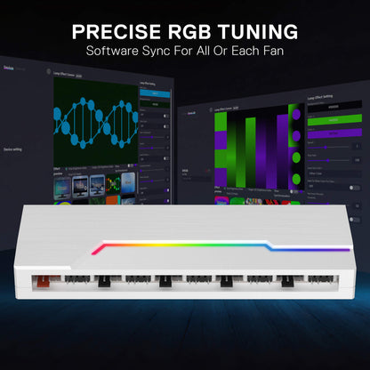 White electronic device with RGB lighting on a dark background, displaying software interface for precise RGB tuning.