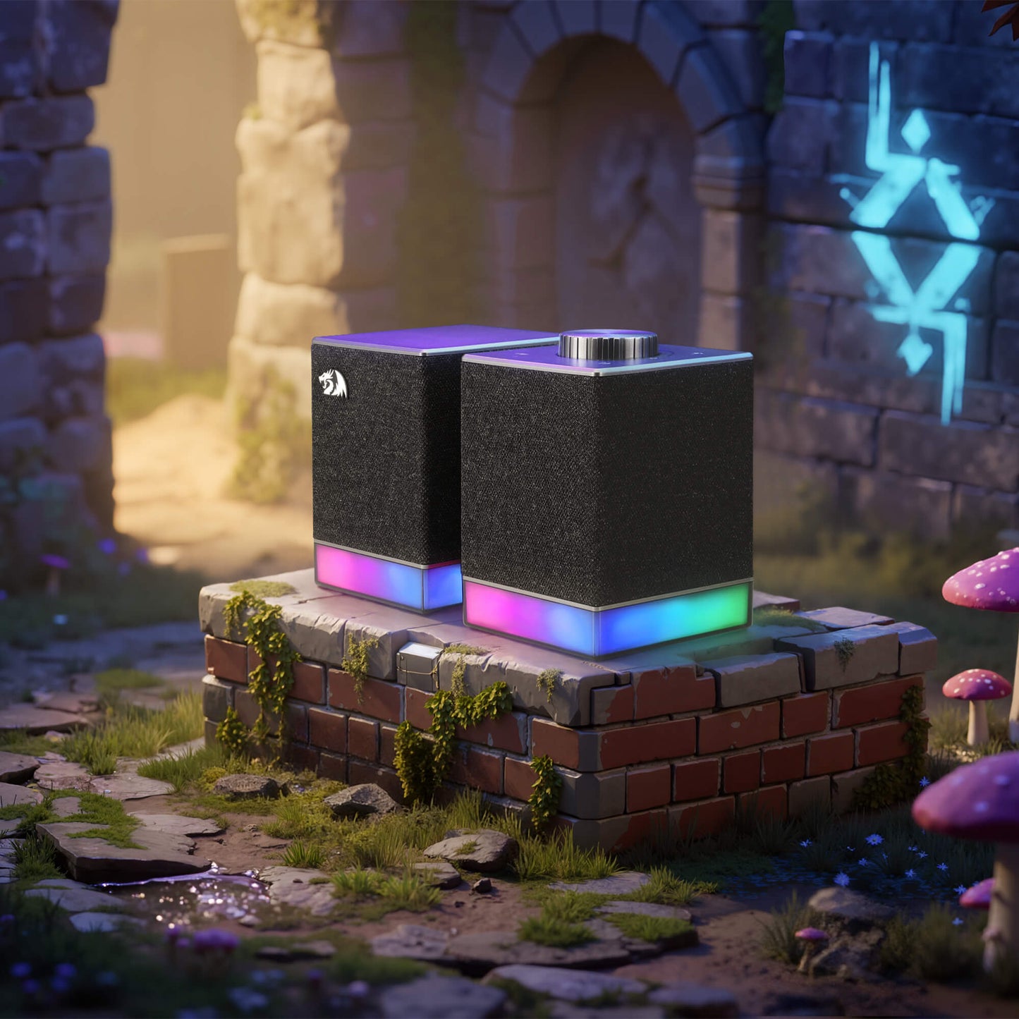 Two redragon black square speakers with colorful lighting on a stone platform in a fantasy setting.