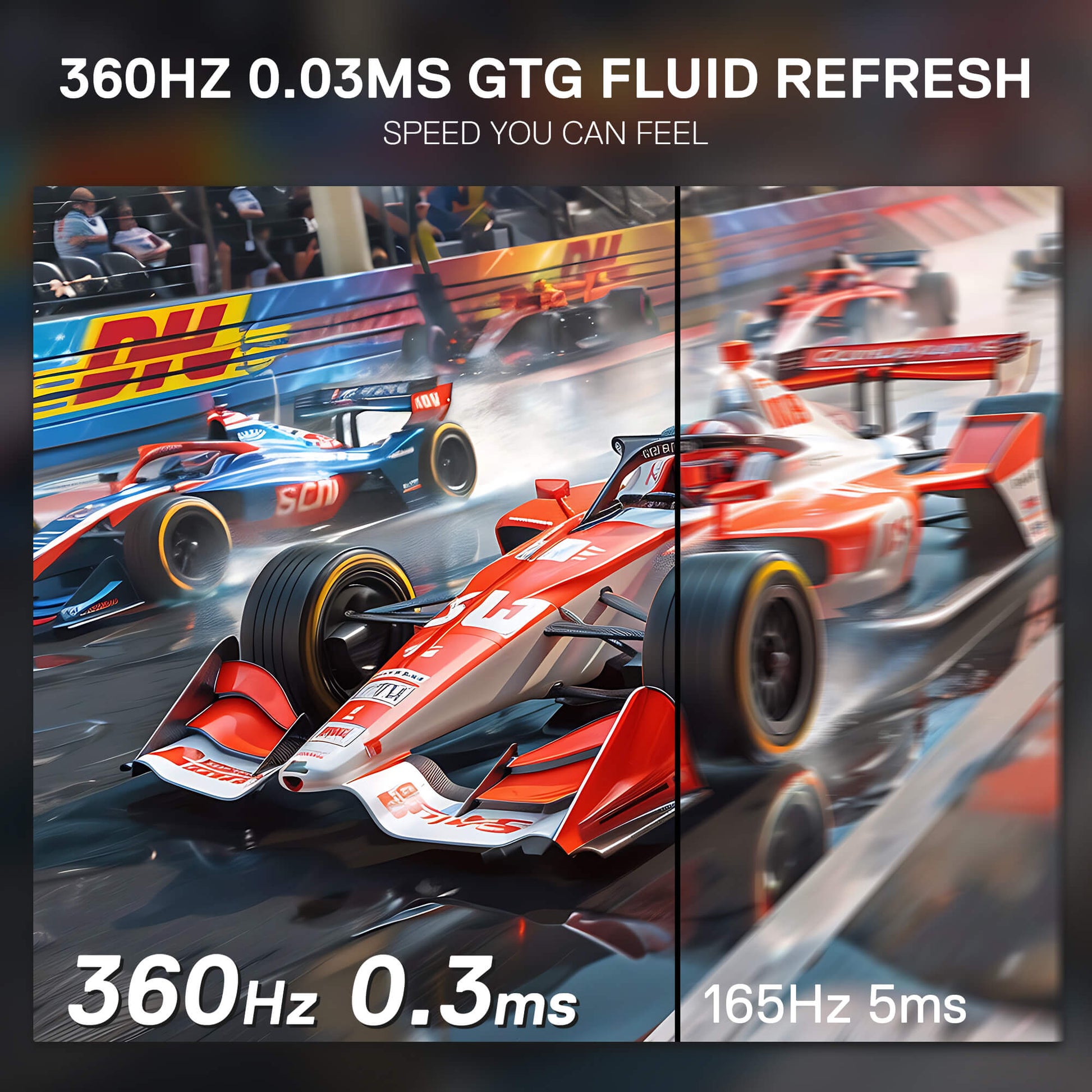 High-speed race car graphic with text about display refresh rate, featuring a red and blue car on a blurred track background.