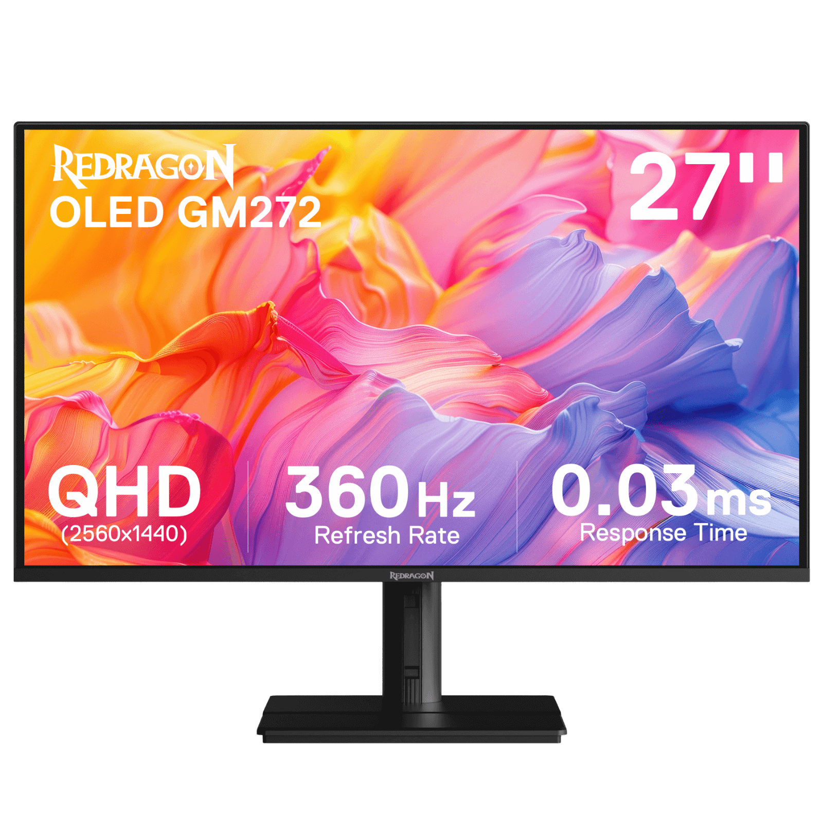 Redragon GM272 27" OLED Flat Gaming Monitor - QHD 2560x1440, 360Hz, 0.03ms GTG, AMD FreeSync Premium, 99% DCI-P3, HDR Peak 1000 nits, HDMI x2, DP x3, Eye Care, VESA Wall Mount