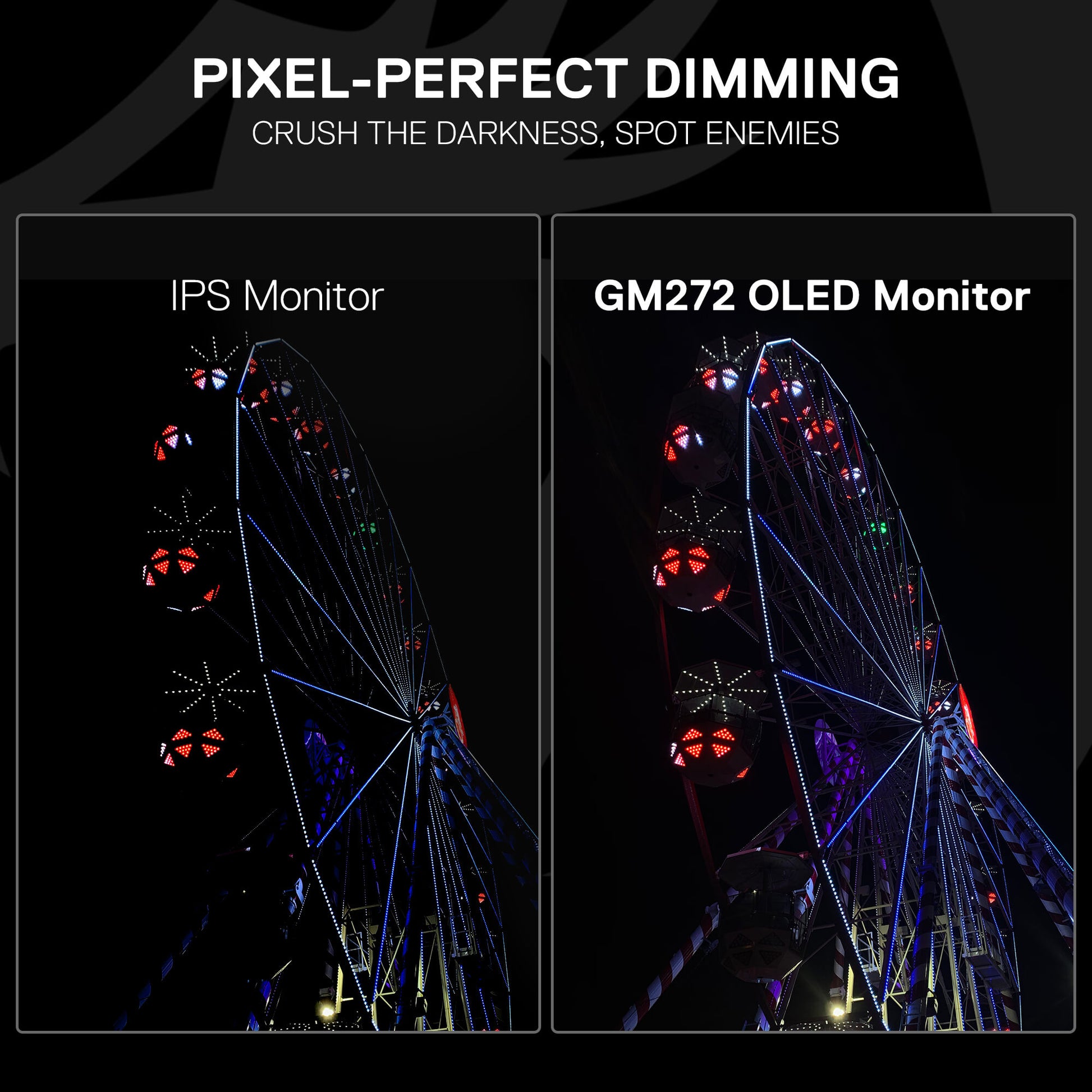 Comparison of IPS Monitor and Redragon GM272 OLED Monitor displaying a Ferris wheel at night.