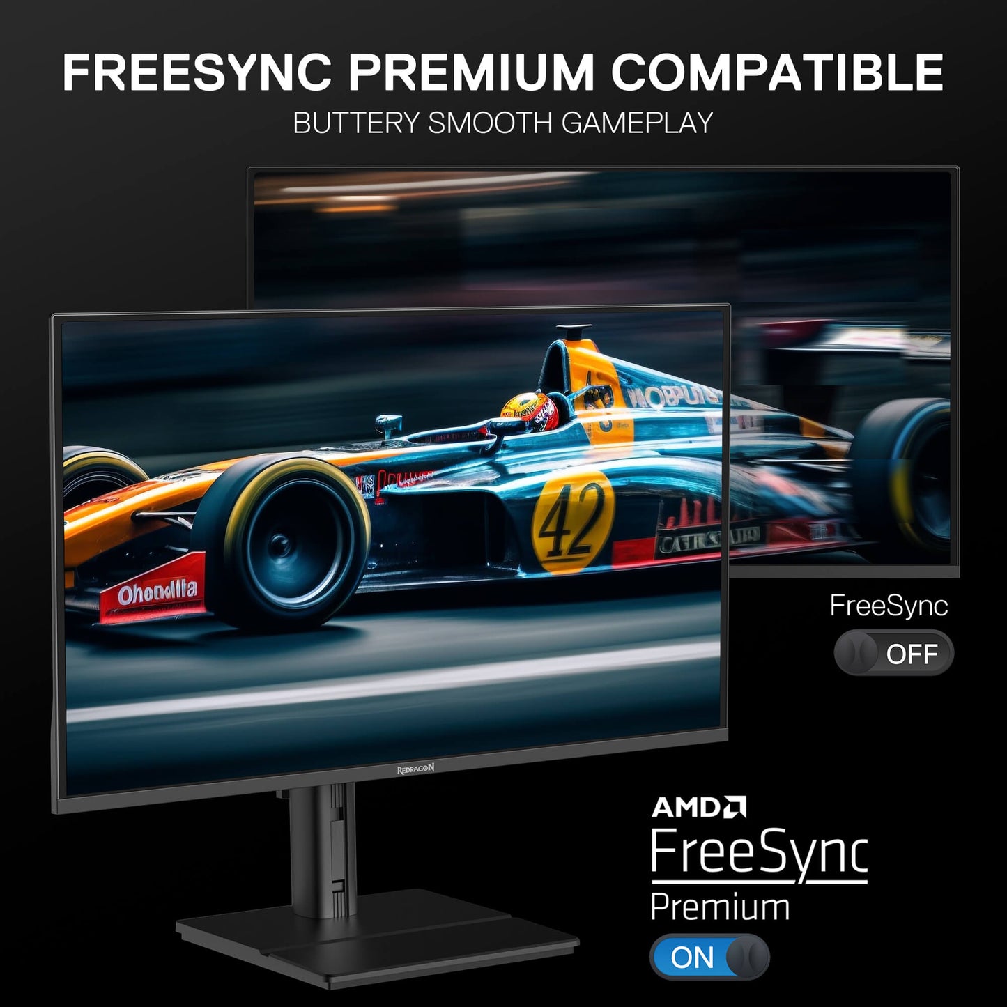 Monitor displaying a racing game with FreeSync Premium compatibility text and logo.