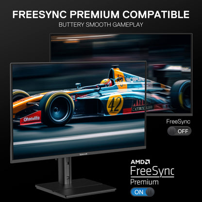 Monitor displaying a racing game with FreeSync Premium compatibility text and logo.