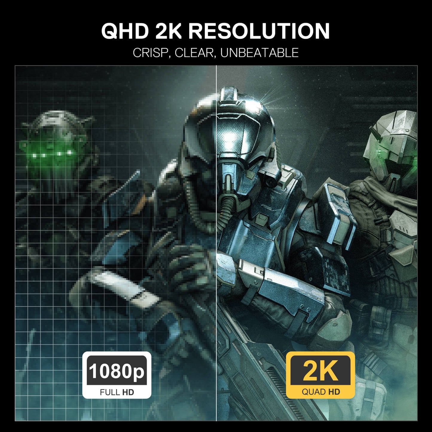 Comparison of 1080p and 2K resolution on a futuristic soldier and alien graphic.