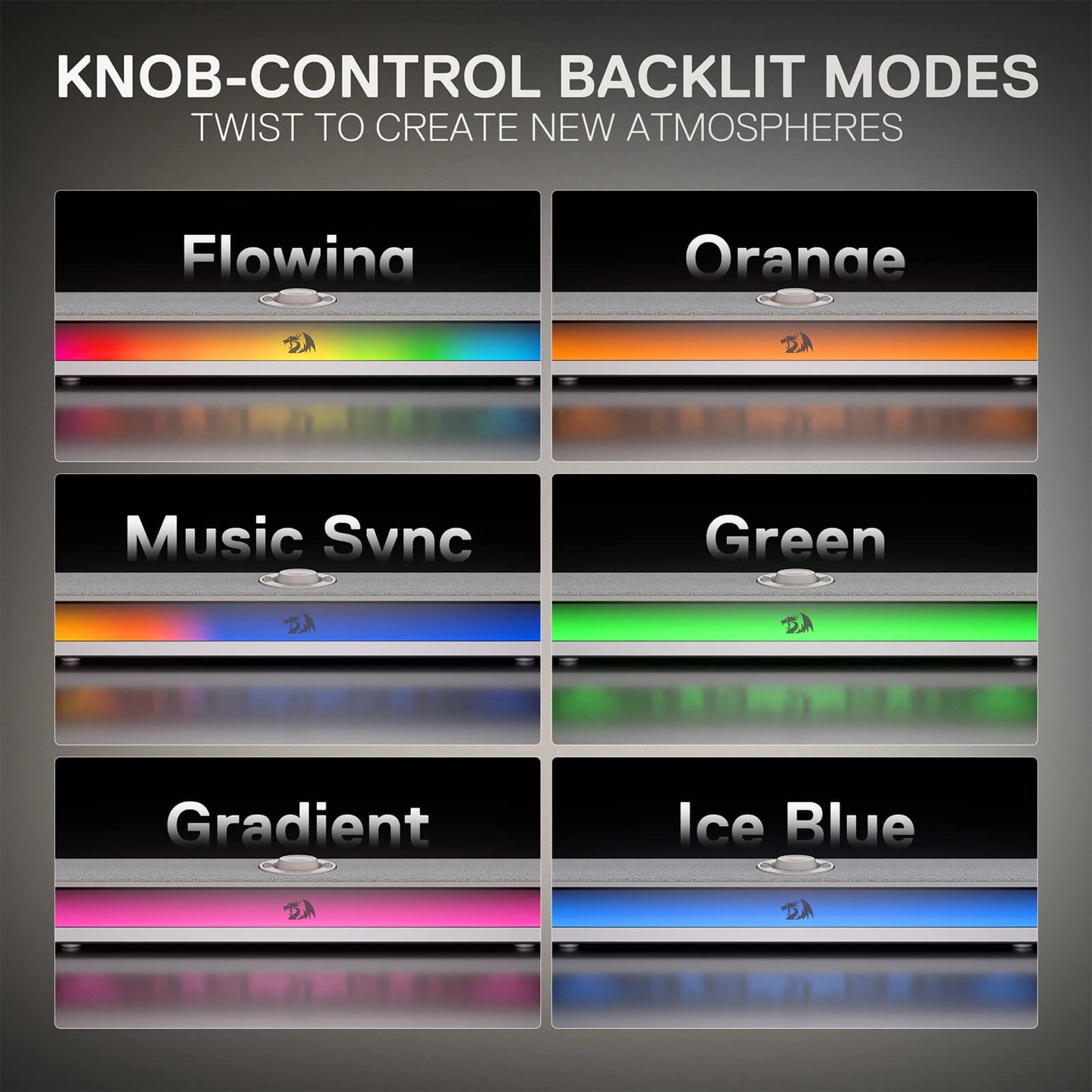 Knob-control backlit modes with color options on a gray background