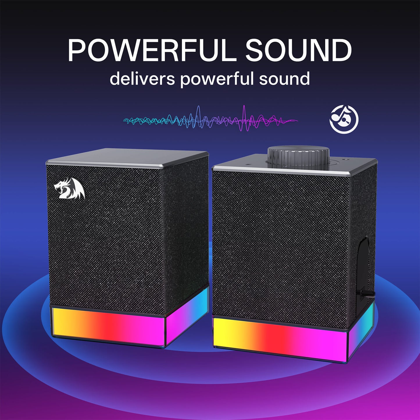 Pair of black speakers with colorful LED bases on a blue and purple gradient background, featuring the text 'POWERFUL SOUND delivers powerful sound'.