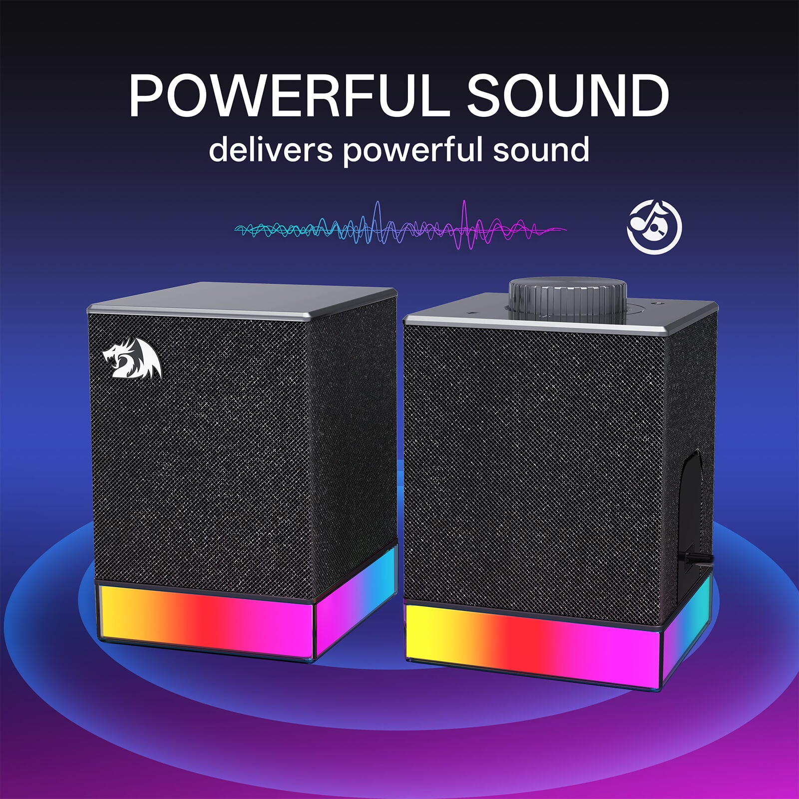 Pair of black speakers with colorful LED bases on a blue and purple gradient background, featuring the text 'POWERFUL SOUND delivers powerful sound'.