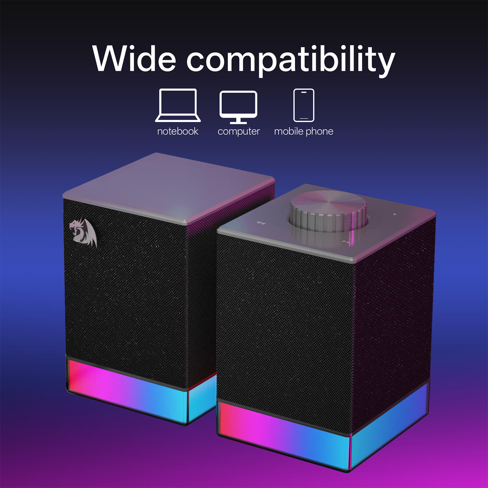 Two black speakers with RGB lighting on a gradient blue to purple background, labeled 'Wide compatibility' for laptop, computer, and mobile phone.