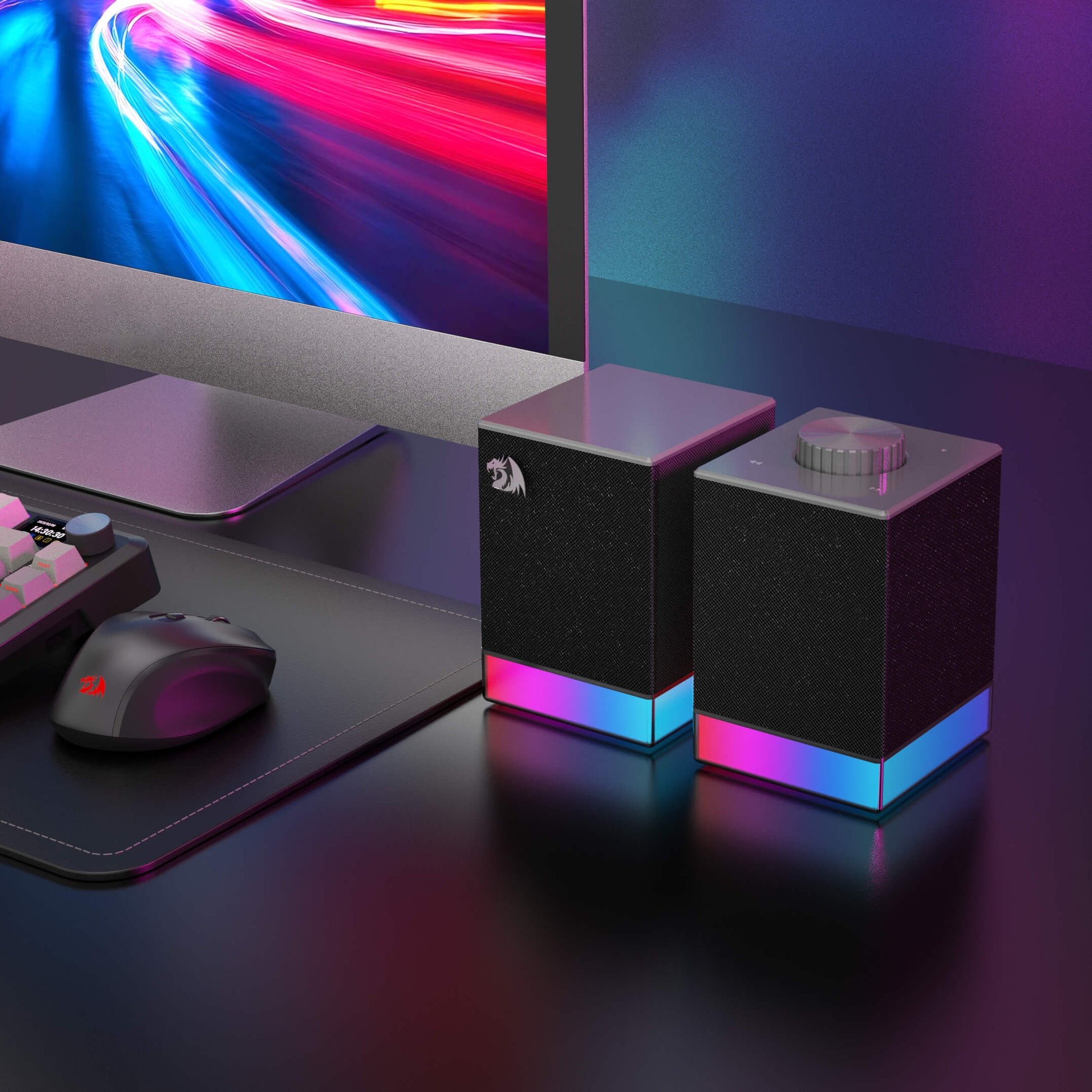 Gaming setup with RGB lighting on a desk