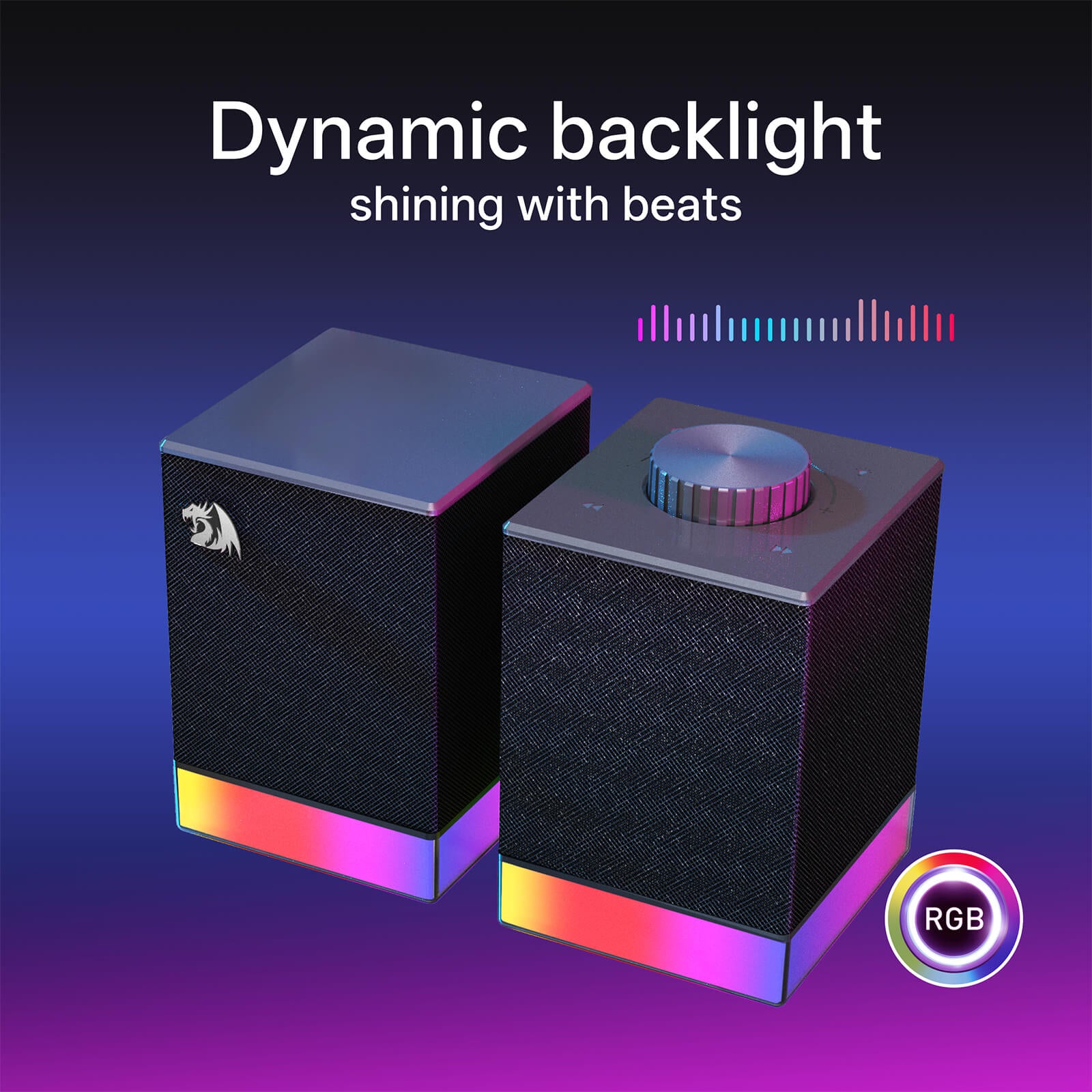 Gaming speakers with RGB lighting on a dark background