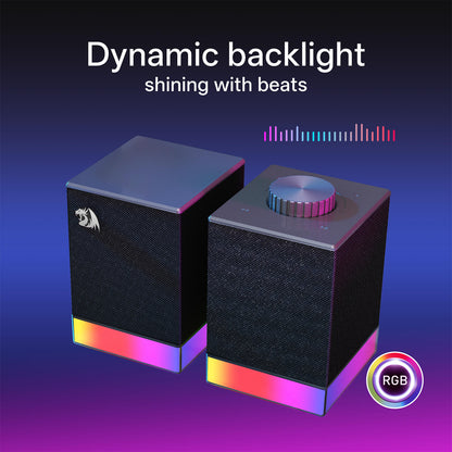 Gaming speakers with RGB lighting on a dark background