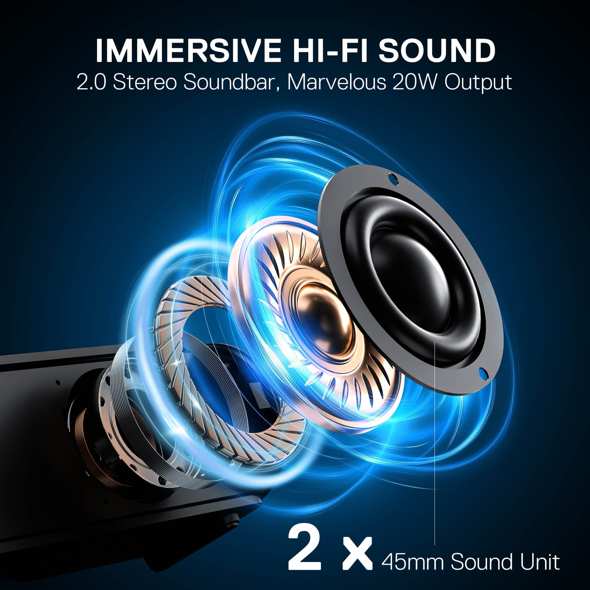 Soundbar with 45mm sound units and text about immersive Hi-Fi sound and output power.