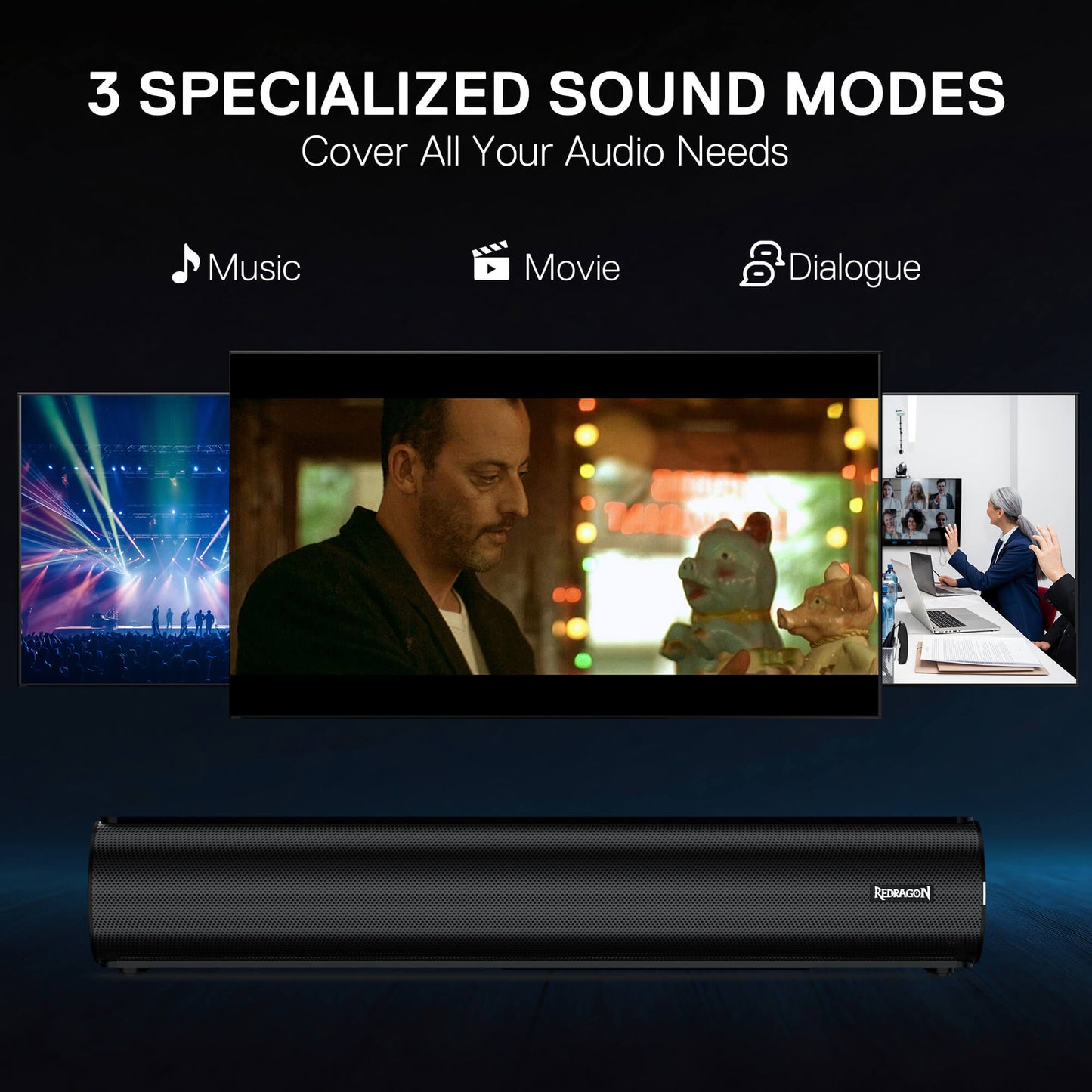 Soundbar with three specialized sound modes displayed on a screen