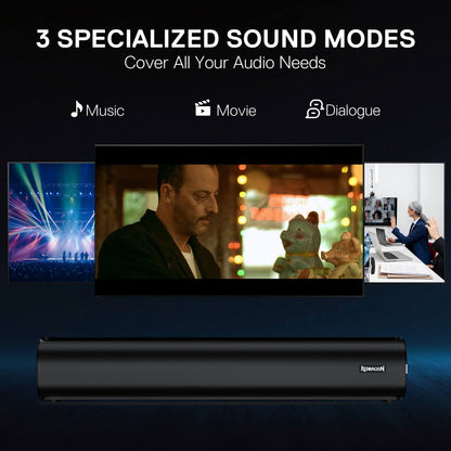 Soundbar with three specialized sound modes displayed on a screen