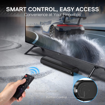 Smart control system with TV, remote control, and soundbar on a racing car background