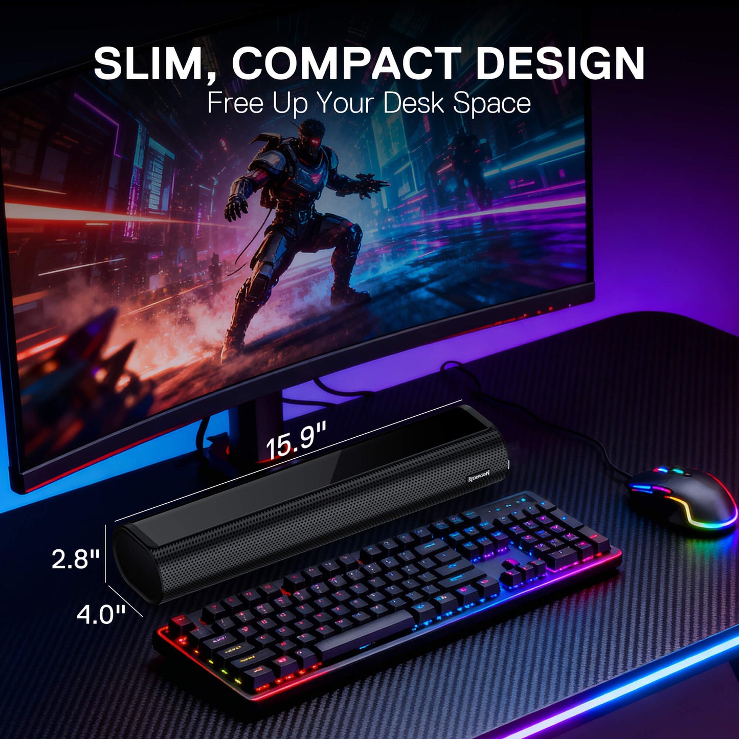 Gaming setup with monitor, keyboard, and mouse on a desk, emphasizing slim and compact design.