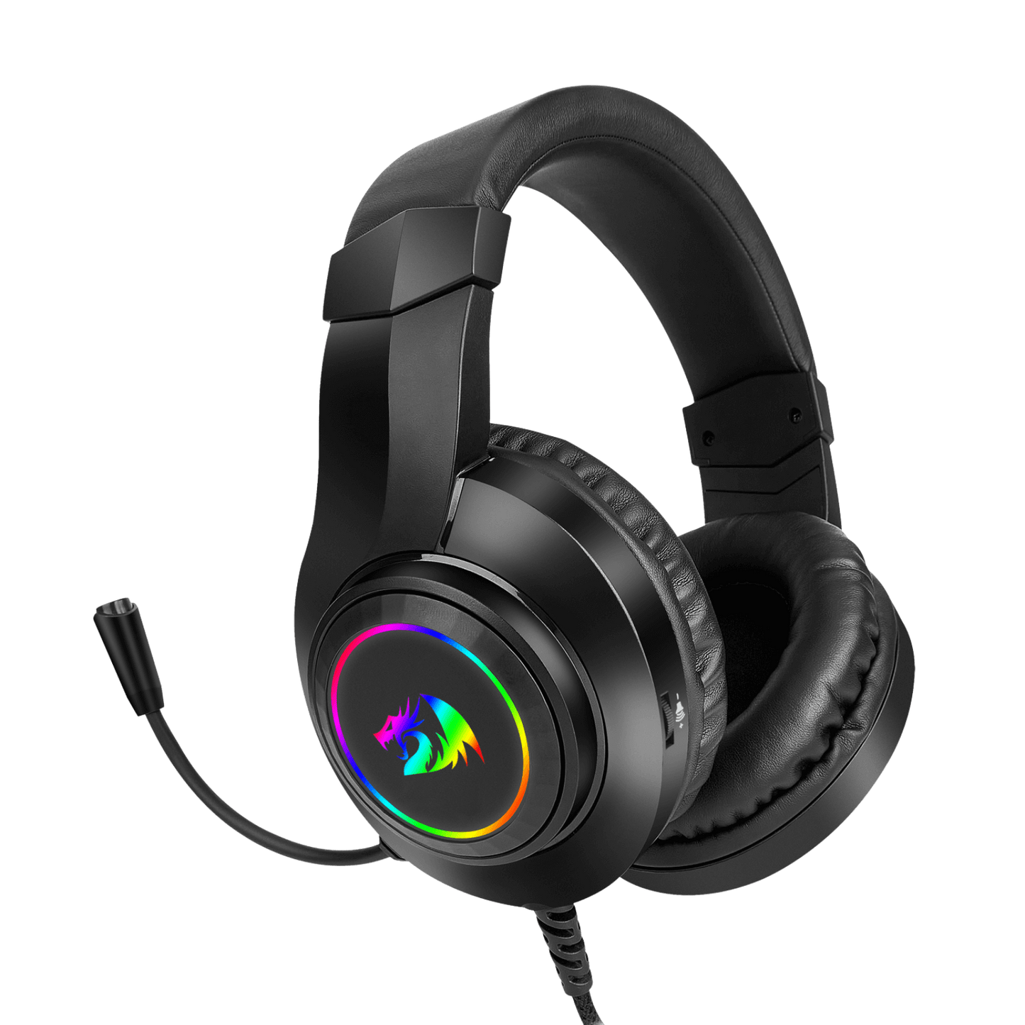 Redragon Black gaming headset with RGB lighting on a black background