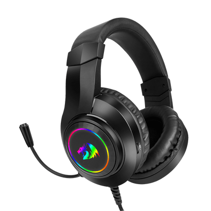 Redragon Black gaming headset with RGB lighting on a black background