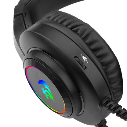 Black gaming headset with RGB lighting on a transparent background