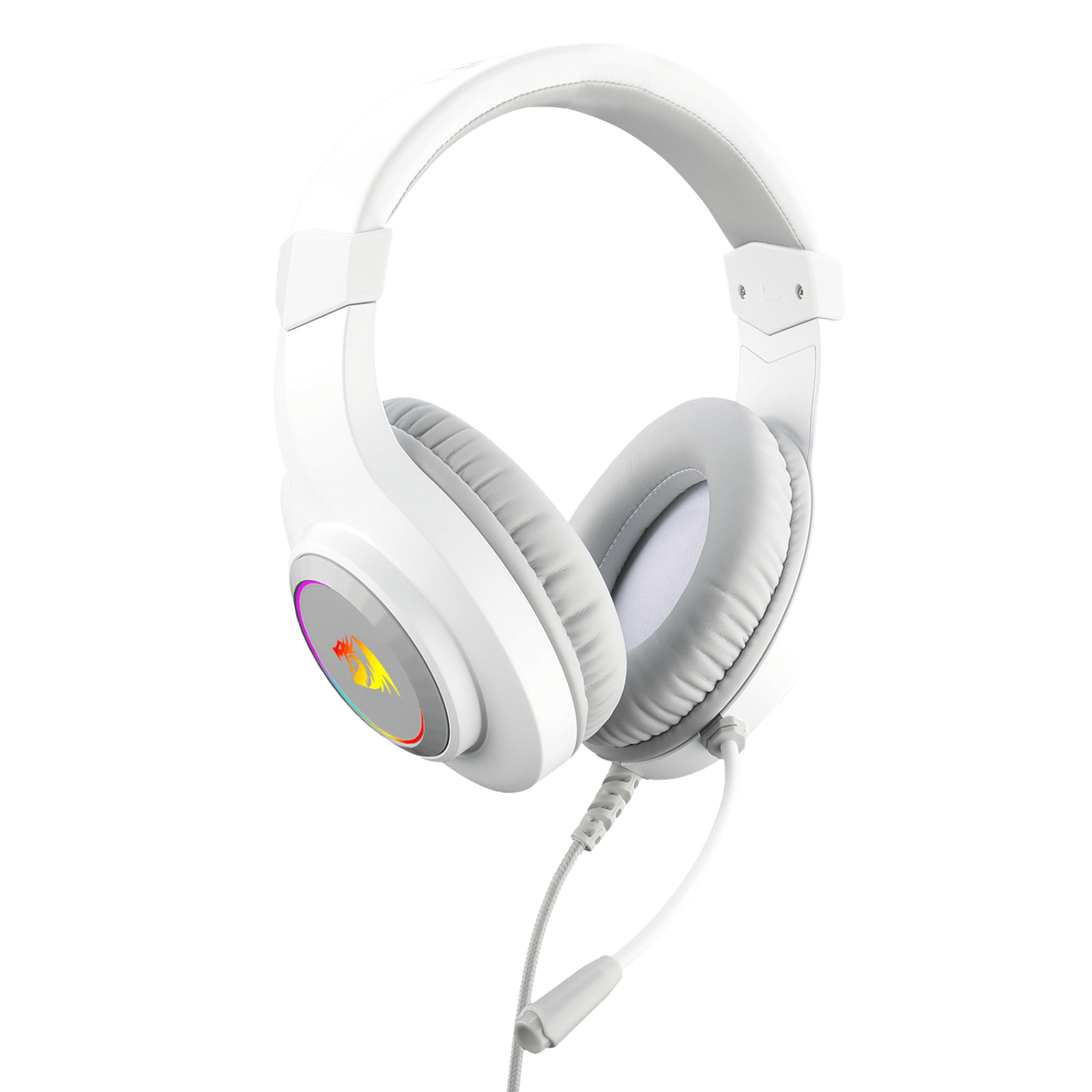 White gaming headset with colorful buttons on a black background