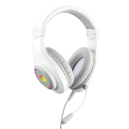 White gaming headset with colorful buttons on a black background