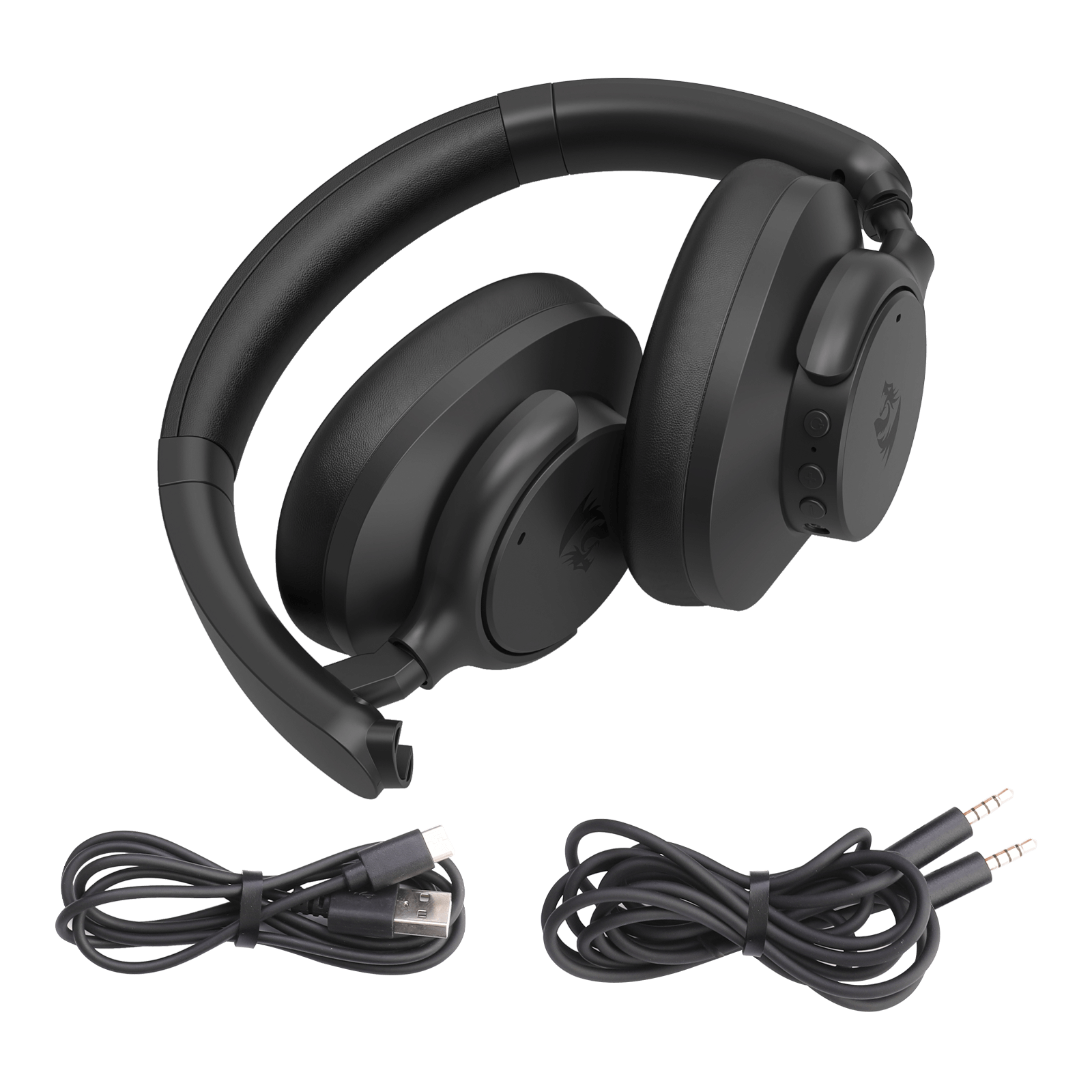 Black gaming headset with microphone and cables on a white background