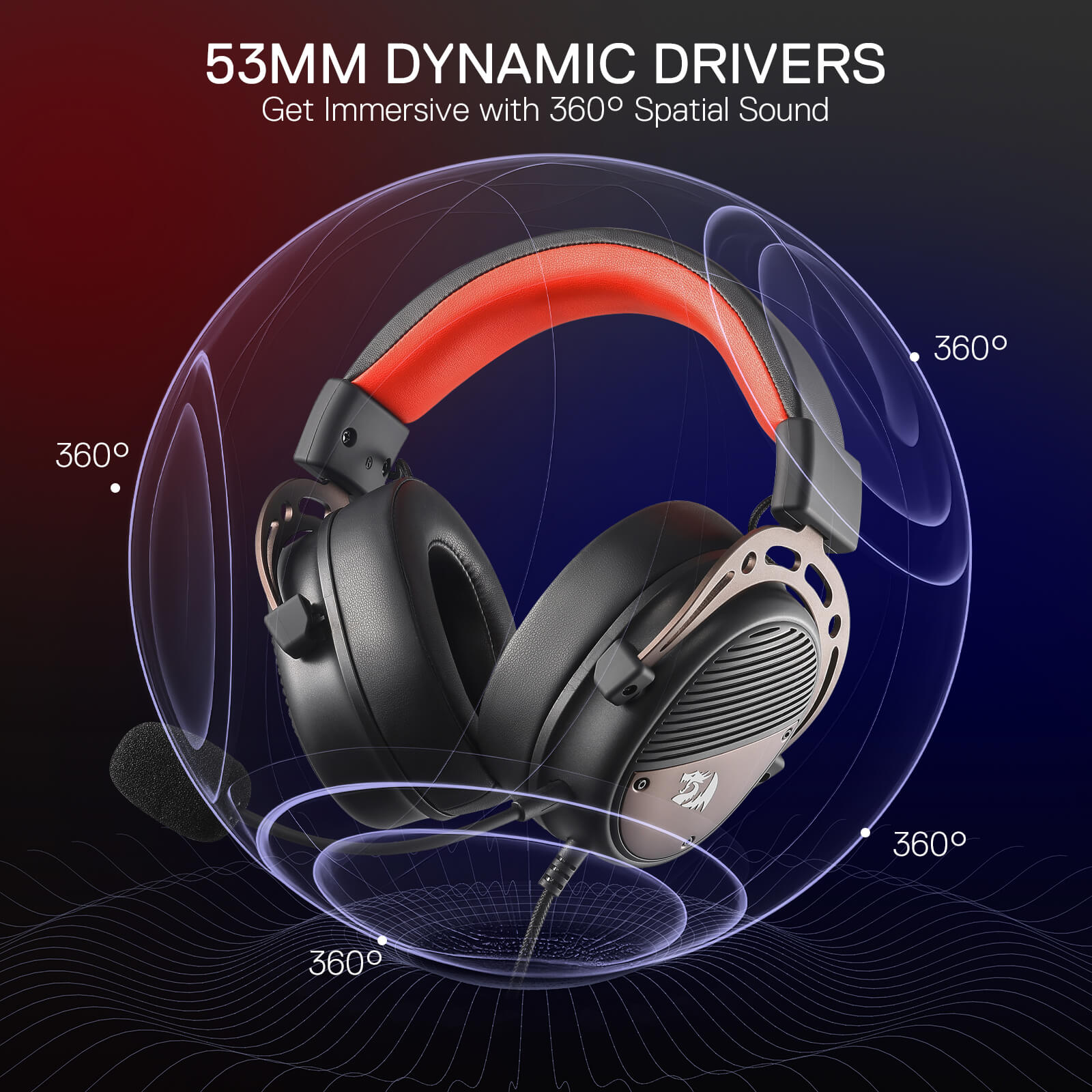 Redragon H730 USB Wired Gaming Headset - 53mm Drivers, 360° Spatial Sound, Detachable Noise-Canceling Microphone, Magnetic Replaceable Ear Cushions, Over-Ear Headphones Works for PC/PS4/PS5, Black