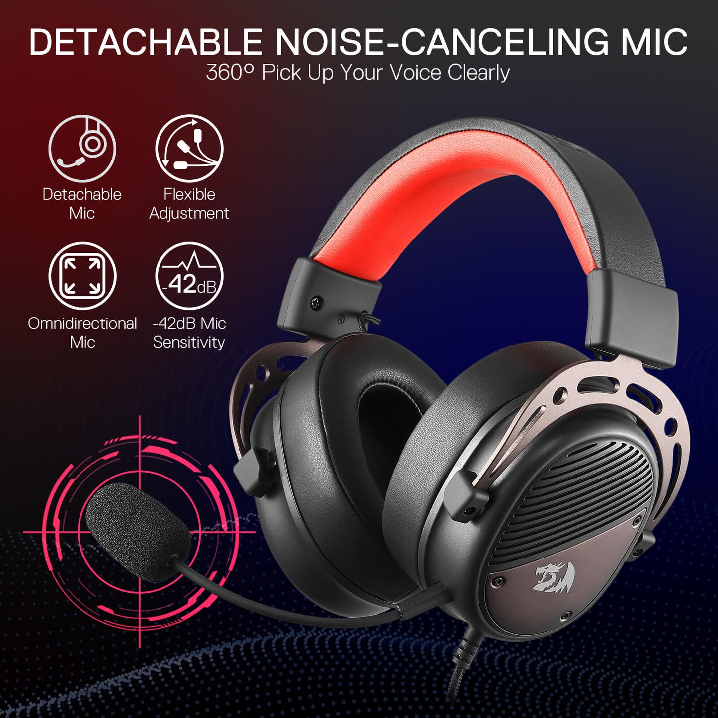 Redragon H730 USB Wired Gaming Headset - 53mm Drivers, 360° Spatial Sound, Detachable Noise-Canceling Microphone, Magnetic Replaceable Ear Cushions, Over-Ear Headphones Works for PC/PS4/PS5, Black