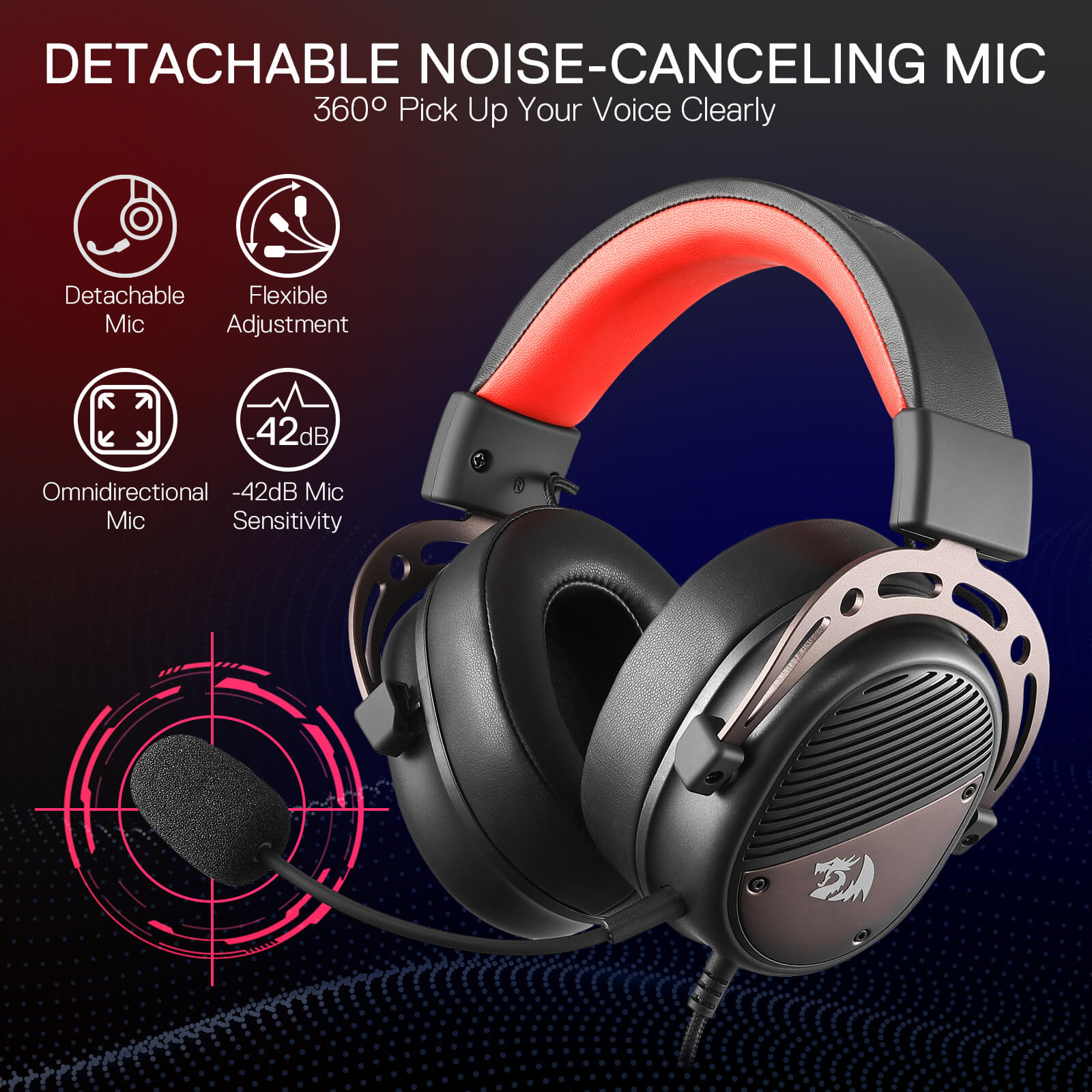 Redragon H730 USB Wired Gaming Headset - 53mm Drivers, 360° Spatial Sound, Detachable Noise-Canceling Microphone, Magnetic Replaceable Ear Cushions, Over-Ear Headphones Works for PC/PS4/PS5, Black