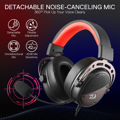 Redragon H730 USB Wired Gaming Headset - 53mm Drivers, 360° Spatial Sound, Detachable Noise-Canceling Microphone, Magnetic Replaceable Ear Cushions, Over-Ear Headphones Works for PC/PS4/PS5, Black