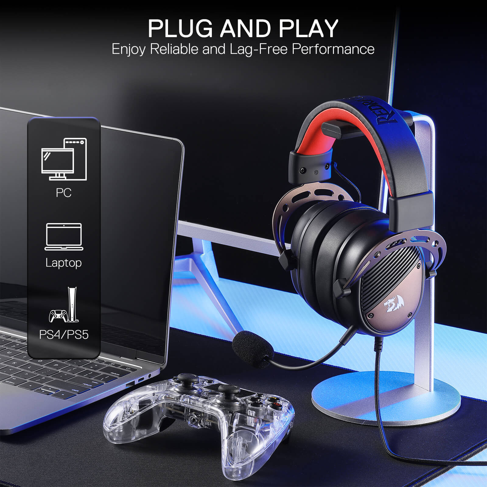 Redragon H730 USB Wired Gaming Headset - 53mm Drivers, 360° Spatial Sound, Detachable Noise-Canceling Microphone, Magnetic Replaceable Ear Cushions, Over-Ear Headphones Works for PC/PS4/PS5, Black