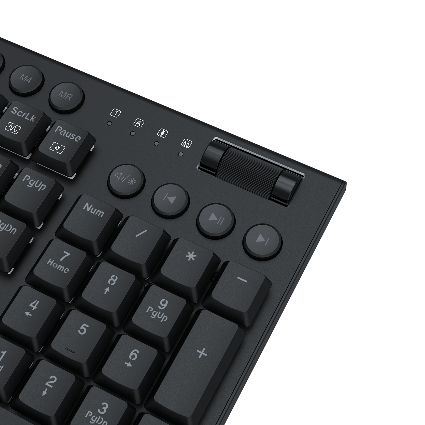 Close-up of a black mechanical keyboard showing the number pad, control buttons, and a slider switch on a black background.