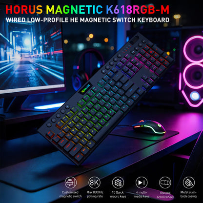 A black wired low-profile magnetic keyboard with RGB backlighting, shown at an angle on a desk with a matching RGB mouse and computer monitor in a neon-lit setup. Large text at the top reads 'HORUS MAGNETIC K618RGB-M' and feature icons appear along the bottom.
