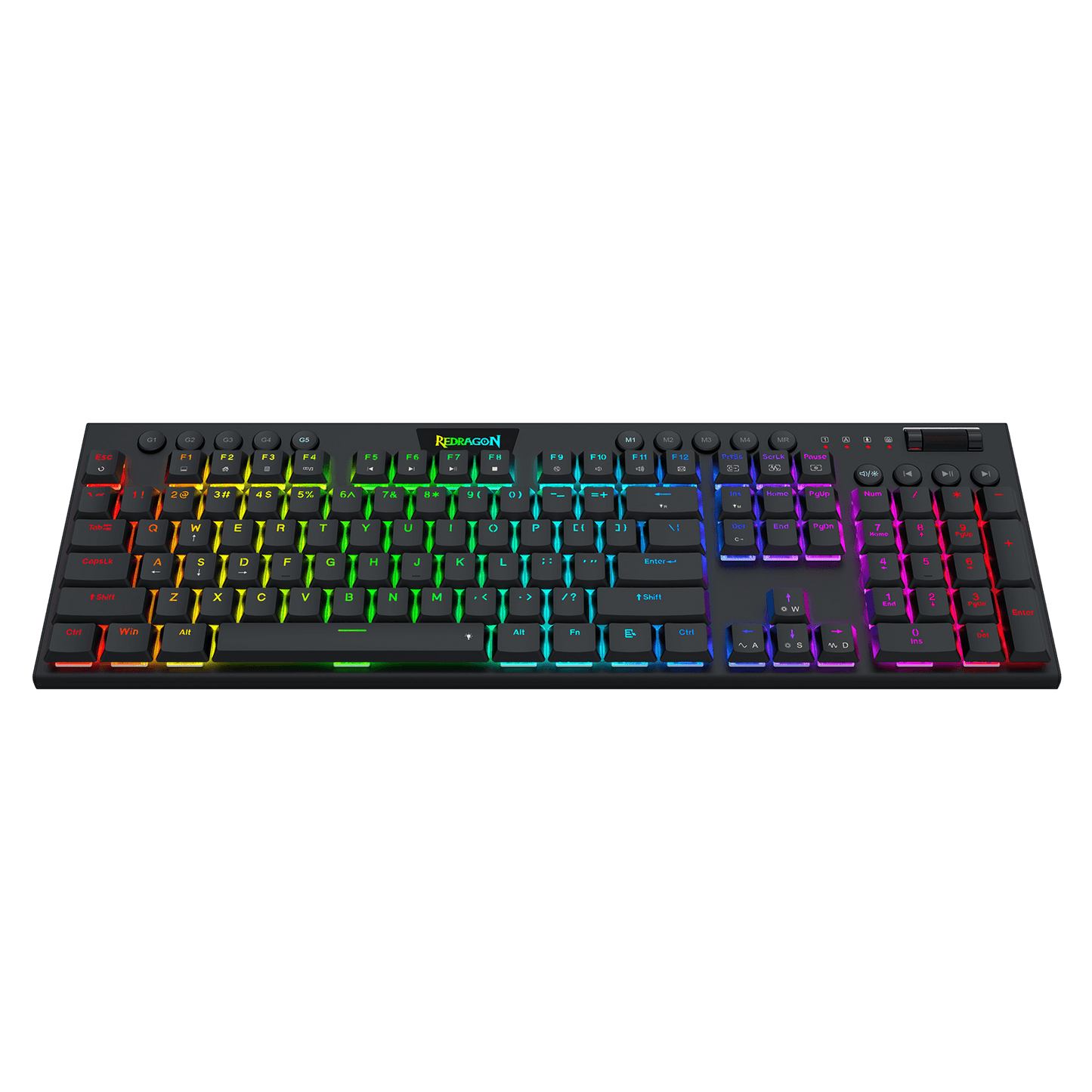 A black mechanical gaming keyboard with vibrant RGB rainbow backlighting, shown from a top-down perspective against a solid black background. The brand name 'Razer' is visible in green on the spacebar area.