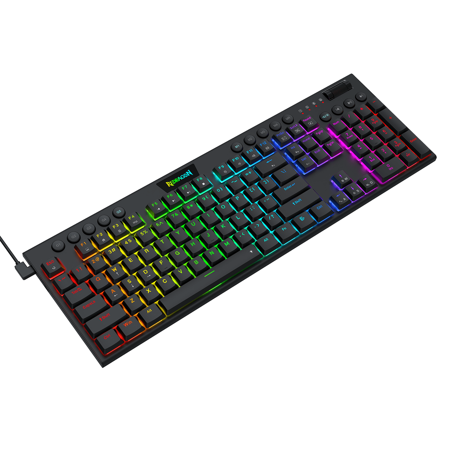 A black mechanical gaming keyboard with vibrant RGB rainbow backlighting, shown at an angle on a solid black background.