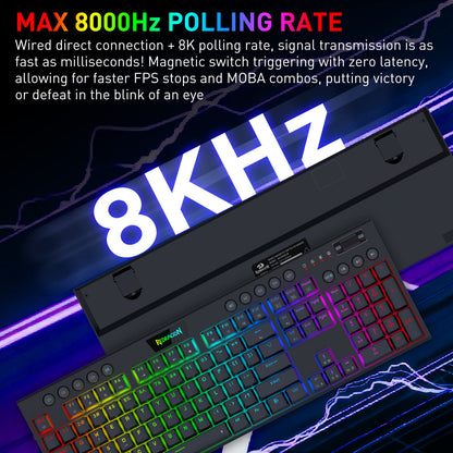 Promotional graphic for a mechanical keyboard showing an RGB-backlit keyboard and a black switch module on a dark blue background with lightning effects and large '8KHz' text. Text at the top claims a 8000Hz polling rate and wired direct connection.